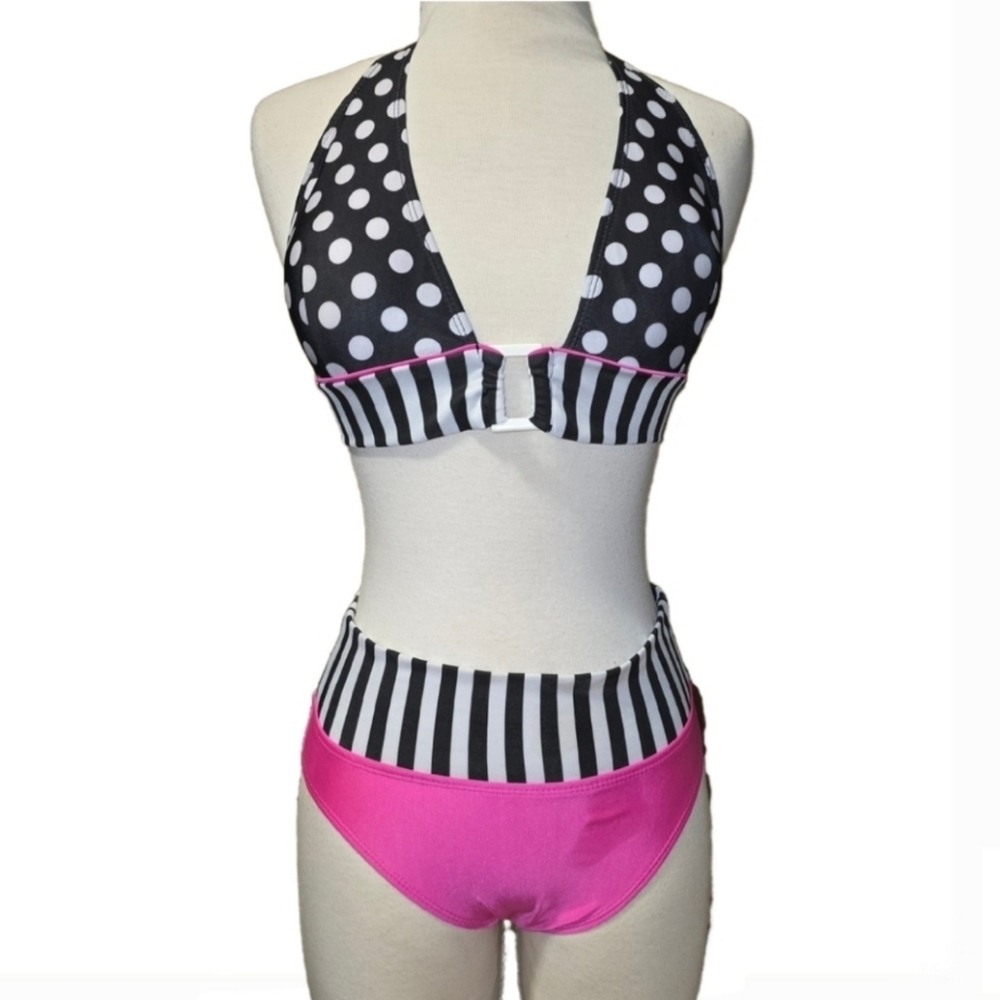Two Piece Swimsuit Bikini Polka Dots & Strip - Medium